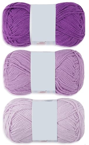 JelyArt Hilo de algodón para ganchillo, 60% algodón, 40% acrílico, 3 x 50 g, hilo suave para amigurumi, bufandas, ropa y accesorios (morado)