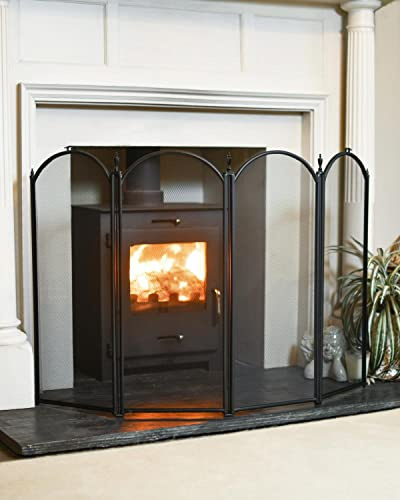 The Gillingham Extra Large Black Four Fold Fireguard Fire Screen – Classic Style Mesh Guard for Log Burners & Open Fires – Spark & Debris Protection