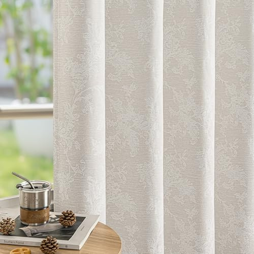 Fmfunctex Beige Floral Jacquard Blackout Eyelet Curtains 72 Inch Drop Pair | 52 x 72 Inch, Bedroom, Living Room, Farmhouse Chenille Scroll Flower Drapes, Thermal Insulated, Energy Saving, Room Darkening