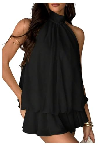 GORGLITTER Women's Summer Halter Tie Mini Dress Open Back Flared Ruffle Sundress Chiffon Sexy Night Out Dresses