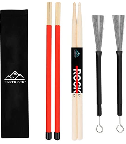 EastRock DrumSticks-Set enthält 5A Drumsticks, Drum Rods Sticks und eine einziehbare Drum-Bürste mit Aufbewahrungstasche