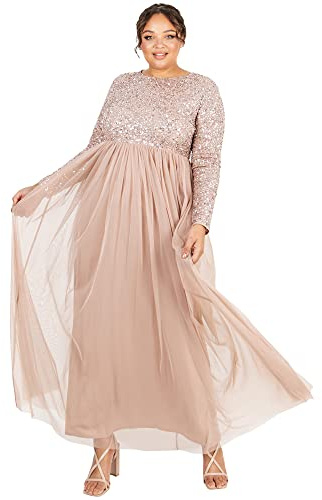 Maya Deluxe Women's Maya Taupe Blush Embellished Long Sleeve Maxi Dress Bridesmaid, 14