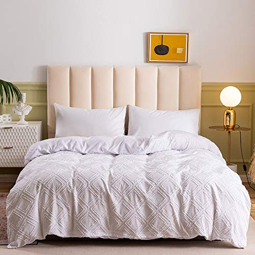 Loussiesd Tufted Chenille Bedding Set Clipped Jacquard Diamond Comforter Cover Double Size Luxury Solid White Geometric Duvet Cover Set For Kids Teens Women Men Bedroom Decor,Soft, Zipper Closure