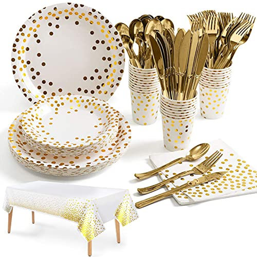 Nkaiso Vajilla de fiesta,141piezas Blanco puntos dorados Reutilizable set de juego de platos y cubiertos, cubertería de cartón, vasos y servilletas, para cumpleaños, bodas, aniversarios- 20 invitados