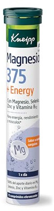 Kneipp Magnesium 375 + Energy, Complemento de Magnesio, Vitamina B12, Selenio y Zinc, Reduce el Cansancio, Aporta Enería y Aumenta las Defensas, Efervescentes, 15 Comprimidos
