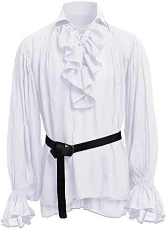 BaronHong Hommes Pirate Chemise Vampire Renaissance Victorien Steampunk Gothique À Volants Médiéval Halloween Costume Vêtements (Blanc, XL)
