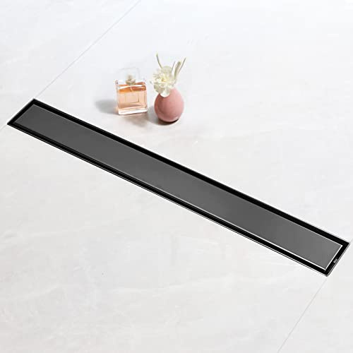 SaniteModar 100 cm Black Linear Shower Drain, 2-in-1 Tile Insert Panel Shower Drain with Siphon, Brushed 304 Stainless Steel Linear Drain with Leveling Feet