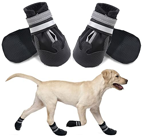 Dricar Dog Shoes, Set of 4 Dog Boots for Injured Paws, Waterproof Anti Slip Dogs Shoes for Walking, Paw Protectors with Reflective Straps for Small Medium Large Dogs (Black, XXL)