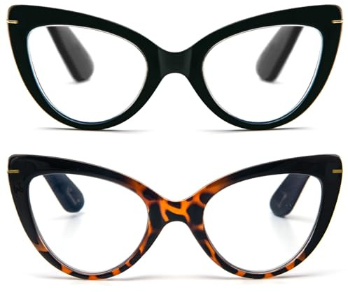 Kodilin Confezione da 2 Occhiali da Lettura Cat Eye Donna con Occhio di Gatto - Occhiali anti-blu Comodi e Alla Moda Grande Nero+tartaruga 1.0