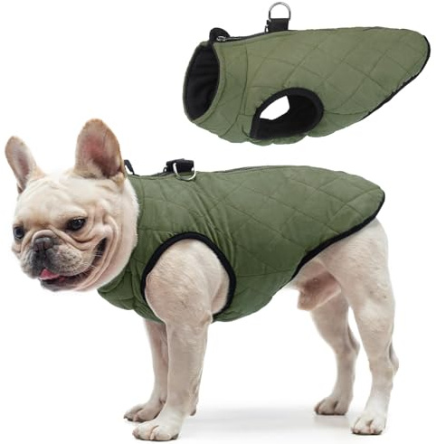 SCENEREAL Winter Dog Vest Coat with Harness Built In, Warm Puppy Jacket for Small Medium Dogs, Cold Weather Coats with Zipper, Fleece Puffer Vest Windproof Snow Clothes, Olive L