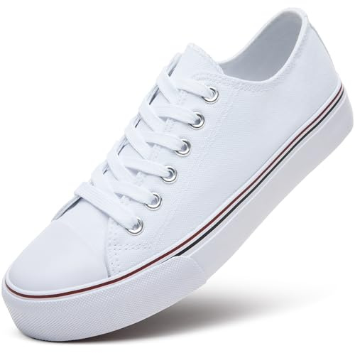 ZGR Womens White Tennis Shoes for Women,Lace up Canvas Sneakers,Casual Walking Canvas Shoes(White.US7.5)