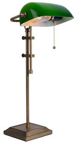 LED Schreibtischleuchte Bankerlampe Tischlampe altmessing Glas grün Leseleuchte höhenverstellbar, Zugschalter, 1x E27 LED warmweiß, LxH 26,5x56 cm
