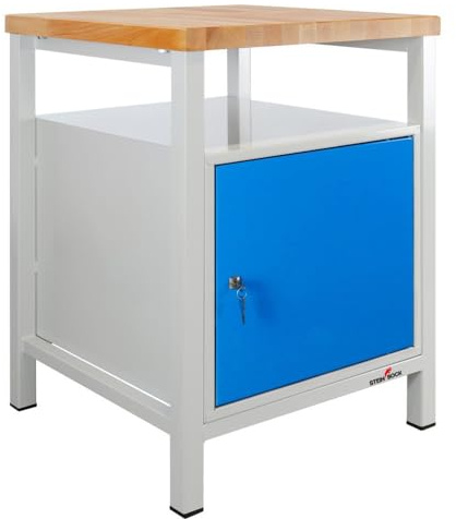 Steinbock Werkbank mit 1 Tür, Regal- und Ablageboden | 300 kg Tragkraft | HxBxT 84 x 60 x 60 cm | Lichtblau | 4 cm Starke Holzplatte | stabiles Stahlgestell | Made in EU | Profi-Werktisch