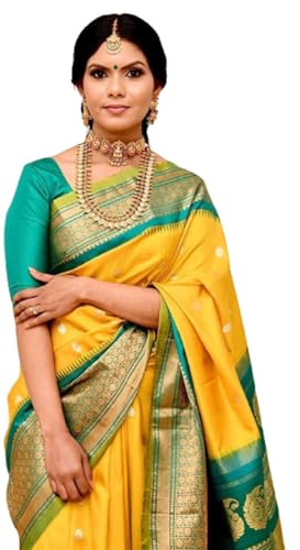 Aqila Attire South Indian Yellow Silk Saree with Blue Border and Blouse For Women featuring Godwal Pattu Saree. (Unstitched Blouse)
