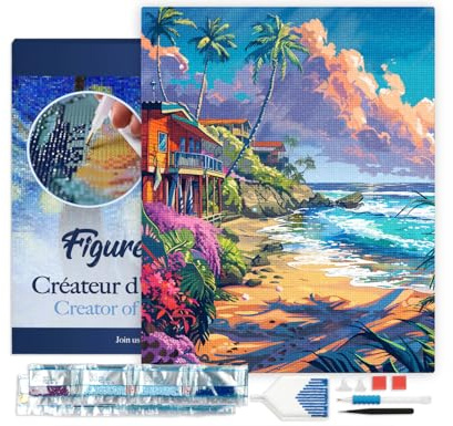 Figured'Art Diamond Painting Kit completo con marco - Cuadro 40x50cm de Pintura de Diamante - Bastidor montado - diamantes cuadrados - Casas en la playa - 5D DIY Manualidades Adultos