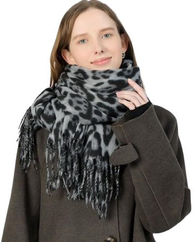 LAOYEFACAI Schal Damen Winter Schal Leopardenmuster Stola Damen Warm Schals & Tücher für DamenGeschenke für Frauen Leichtes großes Tuch mit kurzen Fransen (Grau)