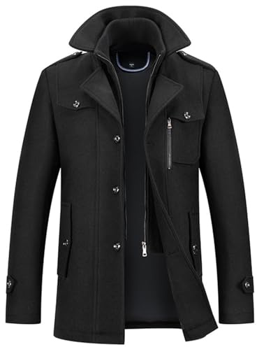 SUIUOI Manteau d'hiver en laine pour homme, manteau long et chaud en laine avec double col trench-coat, manteau décontracté en cachemire, col amovible, manteau d'hiver long, Noir , 3XL