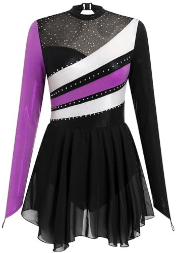 FYMNSI Damen Eiskunstlauf Kleid, Glitzer Metallic Langarm Ballettkleid mit Kristallen Ballettkleidung Gymnastik Leotard Turnanzug Tanzkost�m Tanzkleider Gymnastikanzug Lila M