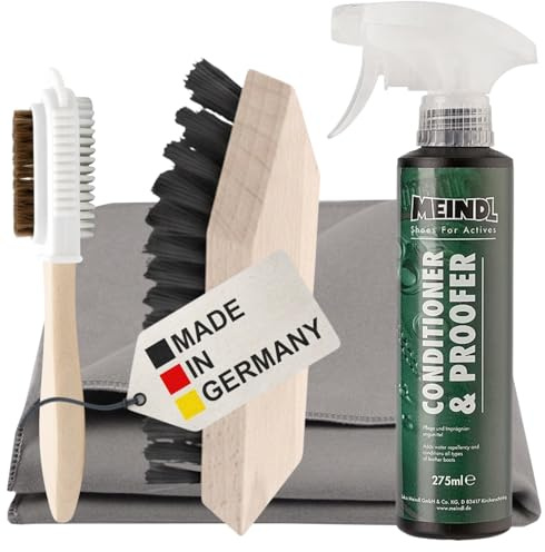 RENNER XXL MEINDL Wildleder-Pflegeset – Meindl Conditioner & Proofer Imprägnierung + Schmutzbürste + Mikrofasertuch + Wildlederbürste – Optimal für Nubuk- & Veloursleder