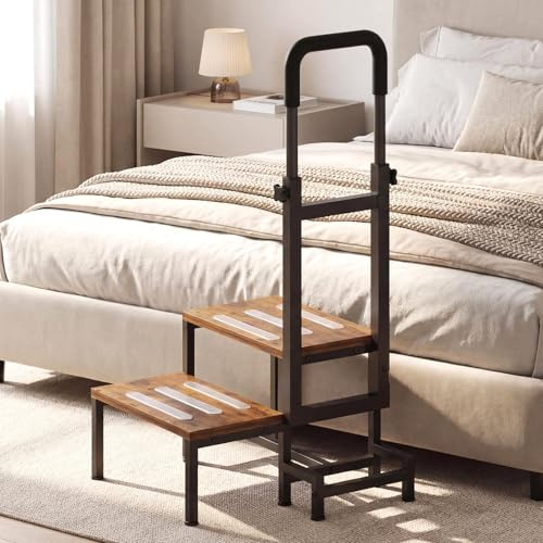 VonDream 2-Tier Step Stool for Adults with Handles,Heavy Duty Bed Steps for Elderly-Bed Stools with Adjustable Handrails and Non-Skid Platform (Brown)