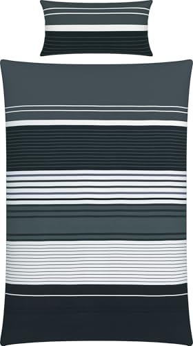 Erwin Müller Bettwäsche, Bettgarnitur, Bettbezug, Kissenbezug Mako-Satin Streifen grau-schwarz Größe 40x80 cm / 135x200 cm - streichelzart, temperaturausgleichend, mit Reißverschluss