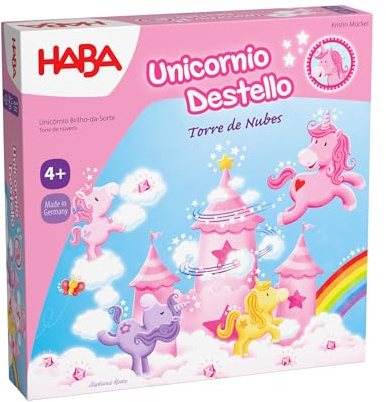 HABA 2012232005 - Unicornio Destello – Torre de Nubes, Juego Infantil de Mesa cooperativo de Habilidad. Más 4 años