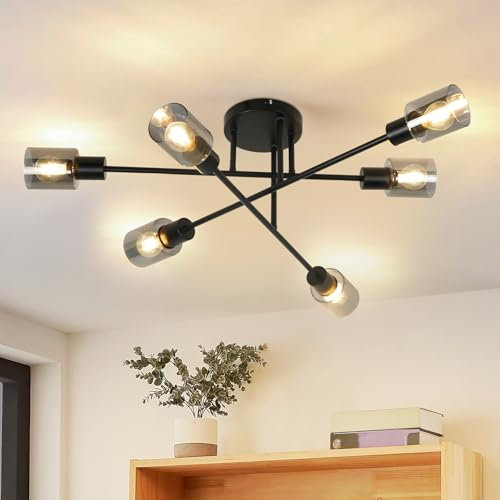 Kowanie Deckenlampe 6 flammig Schwarz: Industrial Wohnzimmerlampe Vintage Deckenleuchte Wohnzimmer retro Kronleuchter aus Glas E14 Fassung Deckenbeleuchtung für Schlafzimmer Küche - Ohne Leuchtmittel