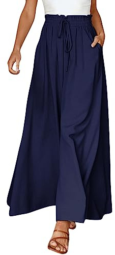 Generisch Gonna pantaloni da donna lunga gamba larga pantaloni estivi leggeri casual Palazzo pantaloni elastici a vita alta pantaloni casual con tasche tinta unita con coulisse baggy pantaloni