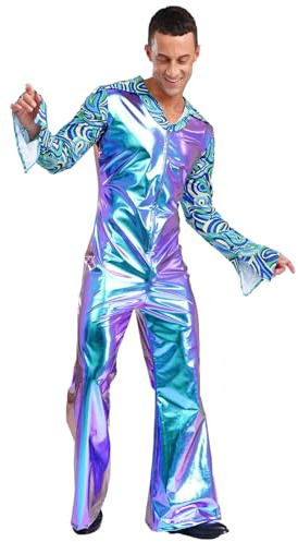 Freebily Combinaison Métallique Homme Déguisement Disco des Années 80 Brillant Salopette Pantalon Costume Danse Jazz Party Club Spectacle Sur Scène Bleu 4XL
