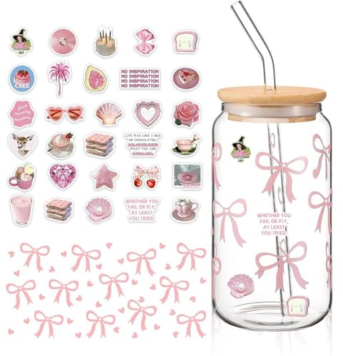 ClcIosis 3 Stück Trinkbecher Mit Deckel und Strohhalm Set, 500ml Trinkglas Mit Strohhalm und Deckel Mit 2 Aufklebern, Cute Sachen Iced Coffee Glas Geeignet für Kaffee, Tee Oder Andere Getränke usw