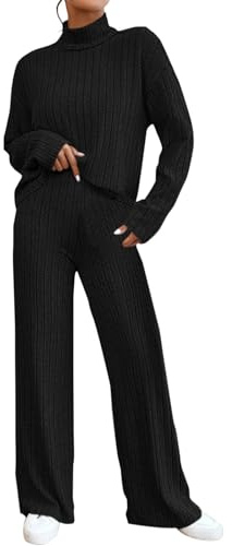 Generico Chándal de mujer de punto de lana elegante mono de punto cómodo color sólido cálido suéter y pantalones pierna ancha ligera suave conjunto de 2 piezas tejido elástico ropa para el hogar