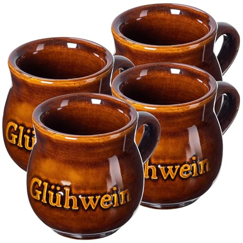 KADAX Vasos de vino caliente de 250 ml, juego de 4 vasos de arcilla con asa para vino caliente, tazas de cerámica hechas a mano, tazas de cerámica, tazas de vino caliente de arcilla, tazas de Navidad