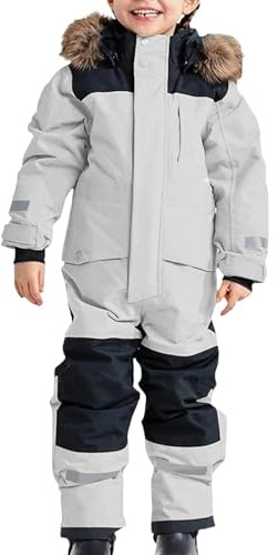 Tute da Neve Bambino e Ragazzi, Tute da Sci Bambine e Ragazze, Tuta da Neve di un Pezzo Bambini Invernale Outdoor Antivento Impermeabile e Traspirante Calda Tuta con (Light Gray, 14-15 Years)