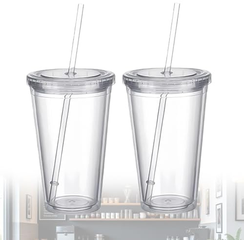 GOMETY 2 stycken plastmuggar återanvändbara med lock och sugrör, 650 ml dubbelväggig transparent drickkopp med sugrör, plastbägare partybägare dubbelväggig isolerad för fruktjuice iskaffe