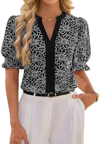 Blooming Jelly Womens Dressy Casual Trendy Blouses Elegant Work Summer Bussiness Tops Floral Puff Sleeve Polyester Shirts (L, Black)