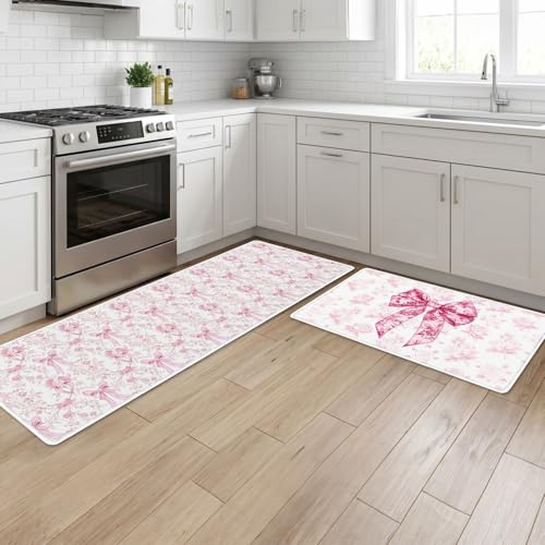 Luvart Kitchen Mats and Rugs Washable, Pink Bow Kitchen Runners Non Slip Set of 2, Washable Rug Carpets for Home Standing Decoration(43x75 cm+43x150 cm)