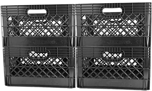 JEZERO 24 Quart 4-Pack Heavy Duty Plastic Crate | Stackable Multi-Purpose Storage Bin for Garage, Home, Office, Groceries, Outdoor, Camping & Kayaking | Black Utility Tote, 19 x 13 x 11