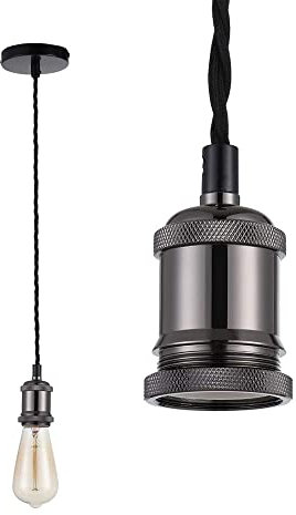 HUIBONA Vintage Retro Ceiling Pendant Light Fitting, 1.5M Twisted Braided Fle,E27 Lamp Holder Suspended Pendant Light Fitting Kit Pearl Black