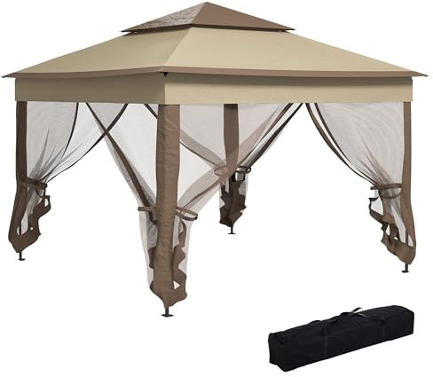 Outsunny 3 x 3(m) Pop Up Gazebo, Marquee Party Tent with Double Tier Roof, Netting and Carry Bag, Event Shelter for Outdoor Patio, Khaki
