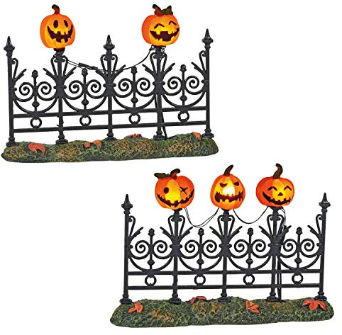 Department 56 6005557 Village Collection Accessories Halloween Jack-o-Lantern Miniature Lit Fence Figurine Set, 3 Inch, Multicolor