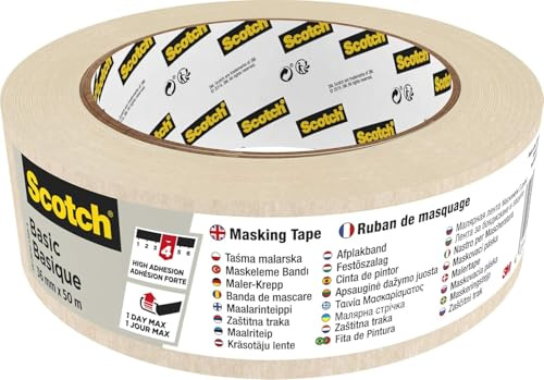 Scotch Abdeckband Basic, 36 mm x 50 m, Beige – Universal-Malerkrepp für Abklebearbeiten, Hochwertiges Kreppband für Malerarbeiten und Dekoration