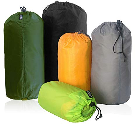 Frelaxy Stuff Sack Set 5-Pack (3L&5L&9L&15L&20L), Ultralight Ditty Bags with Dust Flap for Traveling Hiking Backpacking (Neon Green&Orange&Gray&Army Green&Black)