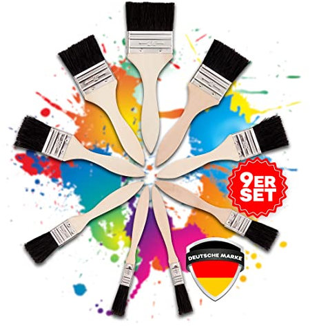vendify® Premium Malerpinsel 9er Set in 5 Größen - Flachpinsel Lasur-Pinsel zum Streichen für jeden Untergrund mit Wasserfarben Ölfarben Acrylfarben Lack Bootslack Pinselset Holz