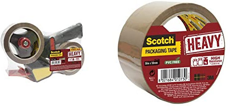 3M Scotch Abroller für Paketklebeband + 2 Rollen Scotch Hochwertiges Klebeband, 50 mm x 66 m, Braun & HV5050SB Verpackungsklebeband HEAVY, 50 mm x 50 m, braun