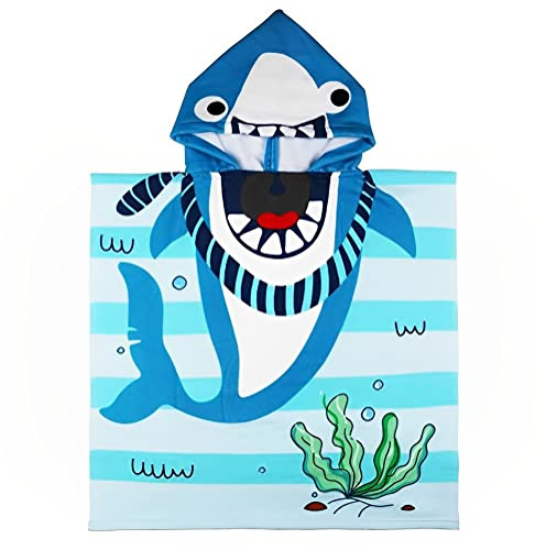 Ichigo Ichie Toalla con Capucha para Niños de 3 a 7 Años, Poncho de Playa Infantil 60 x 90 cm, Suave y Súper Absorbente, Ideal para Piscina, Playa y Baño, Diseño de Tiburón