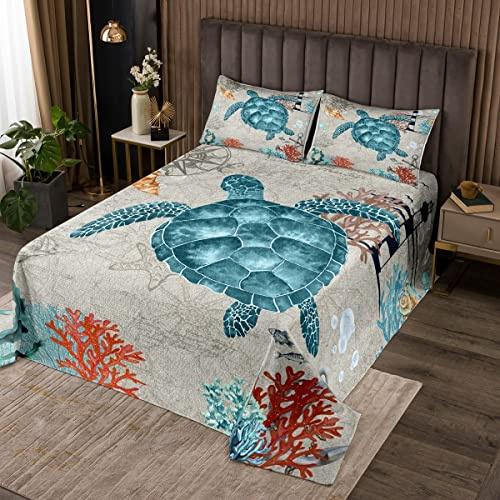Copriletto trapuntato Tartaruga Mare Retrò Oceano Mare Nautica Anchor Decor Trapuntato Coperto per Ragazzi Adolescenti Tema Marino Set Traspirante Trapuntato Decorazione Camera Matrimoniale