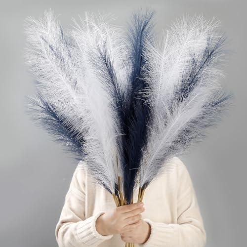 Acfruits 12 Pcs Navy Blue and White Pampas Grass Decor 38/3.1FT Tall Fake Pompas Floral Large Artificial Pompous Grass Branches Plants for Floor Vase Filler Home Boho Decoration