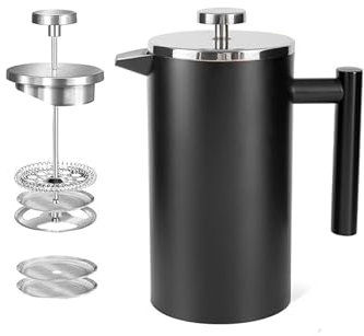 MaxMiuly Cafetière à piston isotherme à double paroi en acier inoxydable - 4 tasses - Noir - 600 ml
