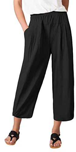 TOMEEK Pantalones de Lino Anchos 3/4 Mujer con Bolsillos Capri de Cintura Alta Elasticos de Algodón Fluidos de Verano