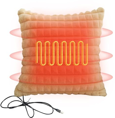 Heated Cushion, USB Heated Pillow Cushion Electric Heating Pad for Chair Sofa Home Office, 5V Soft Faux Fur Square Heat Cushion for Back Support, Waist Neck Period Pain Relief Throw Pillow (Yellow)